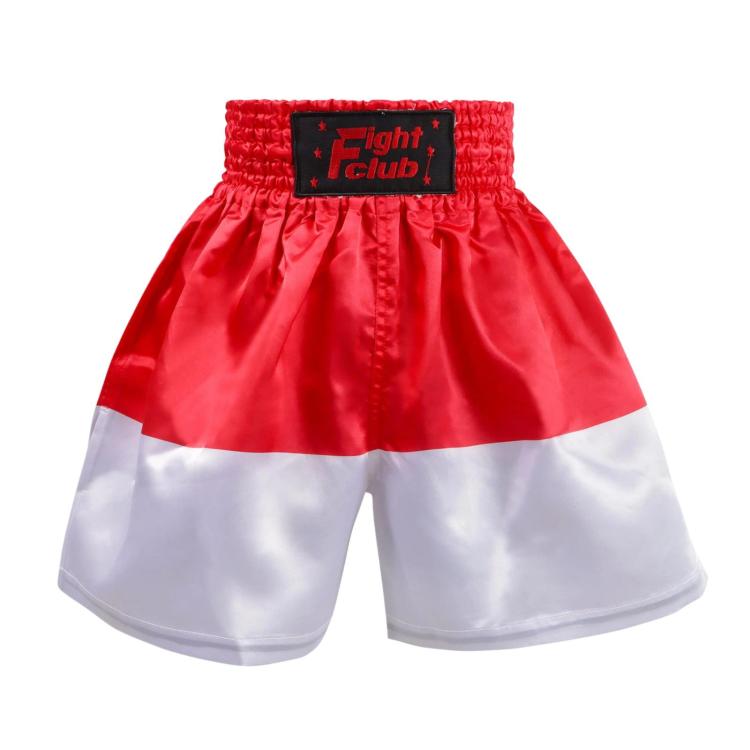 Red muay thai boxing shorts with white lower panels and Fight Club waistband patch