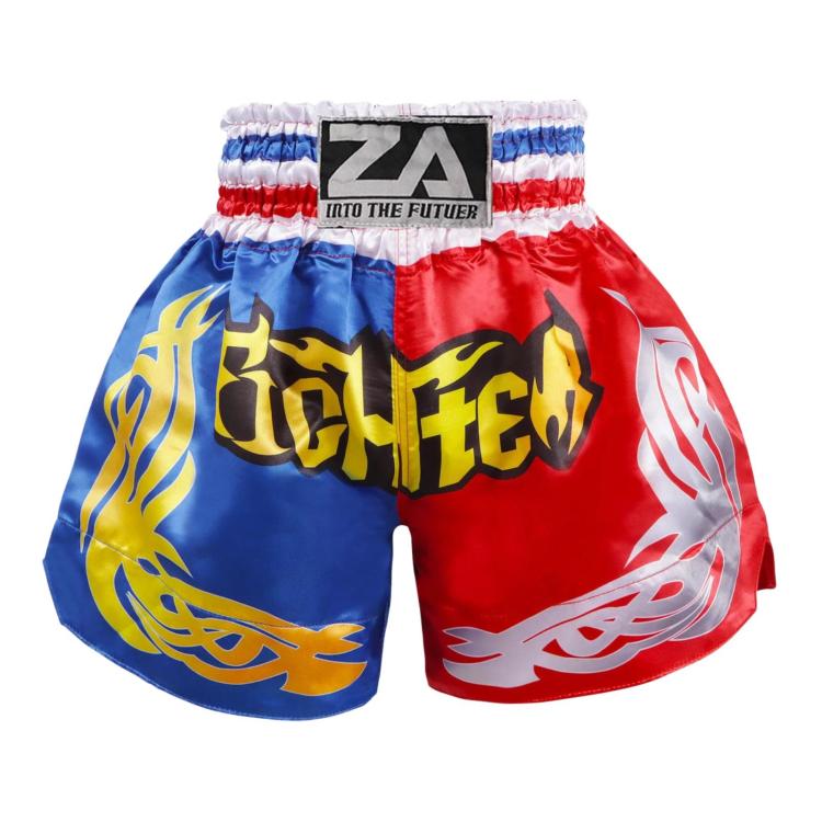 Blue and red boxing shorts with yellow dragon graphics and ZA patch on waistband.