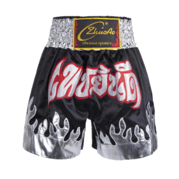Black boxing shorts with gray flame hem, red graphic text, and ZhuoAo patch.