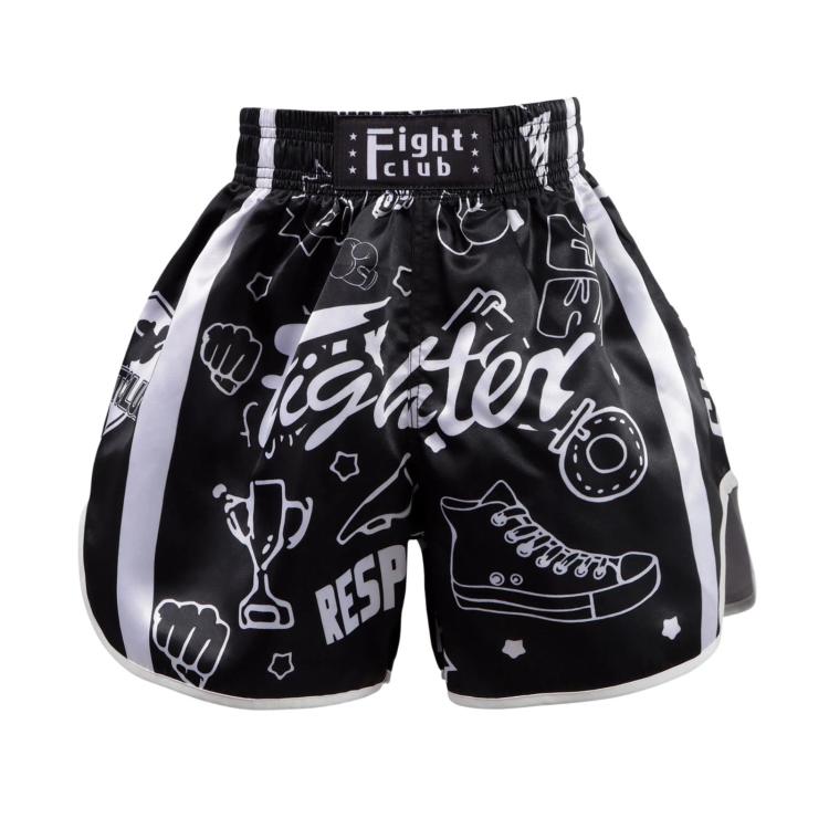 Black and white training shorts with “Eight Club” label and illustrated boxing icons