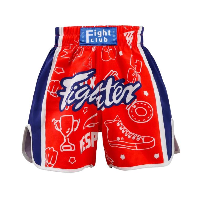 Red, white, and blue boxing shorts with “Eight Club” label and illustrated sports icons