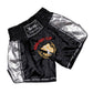 Black and silver satin shorts with Boxing Fight Club patch and flame emblem