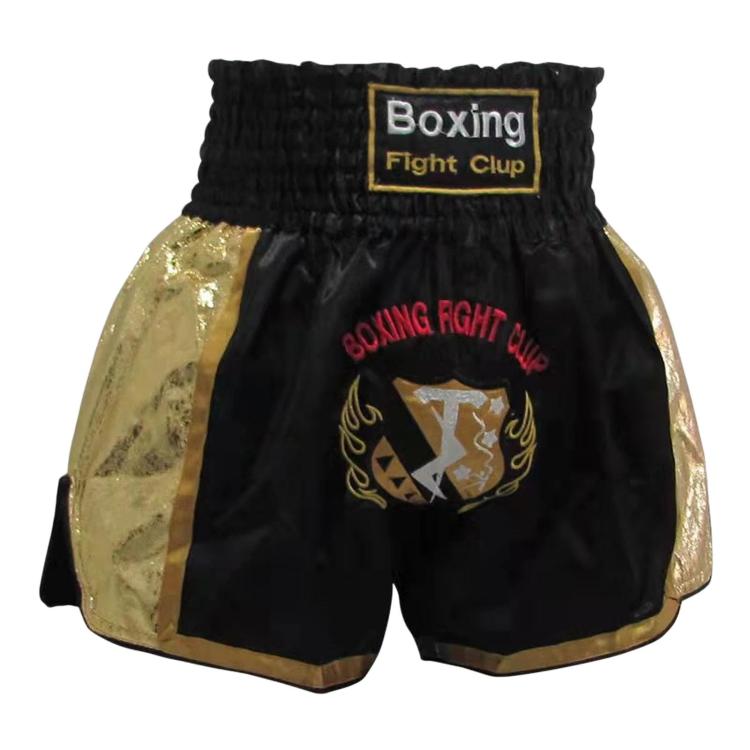 Black boxing shorts with gold side panels and Boxing Fight Club logo