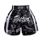 Training boxing shorts in black with white icon prints and elastic waistband.