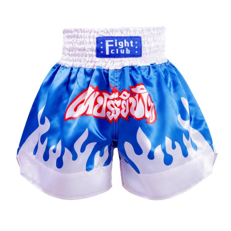 Muay Thai boxing shorts in blue and white with flame graphics and Fight Club patch.