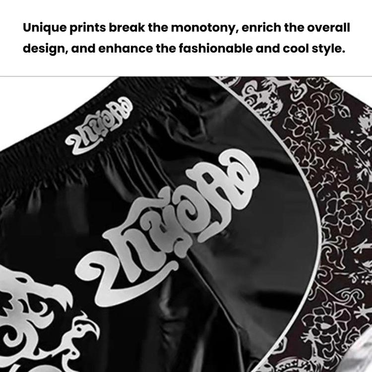 Black sanda fighting shorts with large white logo graphic and patterned side panel