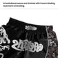 Black sanda fighting shorts with elastic waist and curved patterned graphic panel