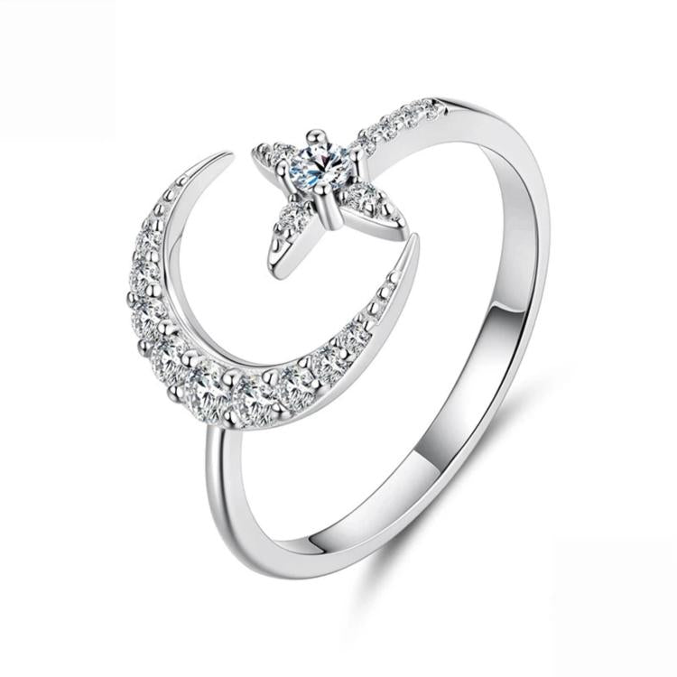 S925 Sterling Silver Adjustable Opening Ring with Moissanite and Star Pattern