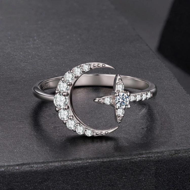 S925 Sterling Silver Adjustable Opening Ring with Moissanite and Star Pattern