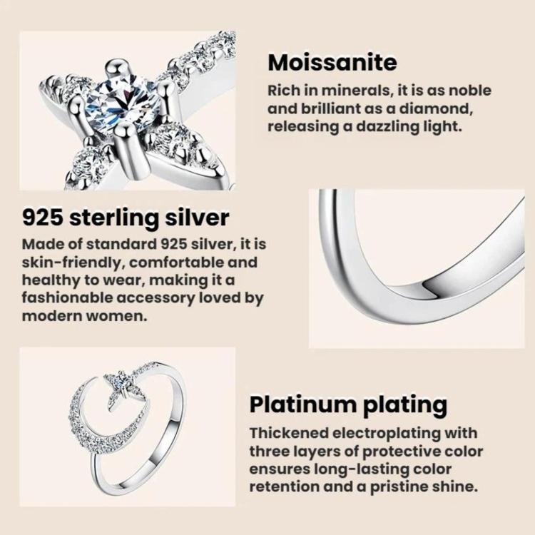 S925 Sterling Silver Adjustable Opening Ring with Moissanite and Star Pattern