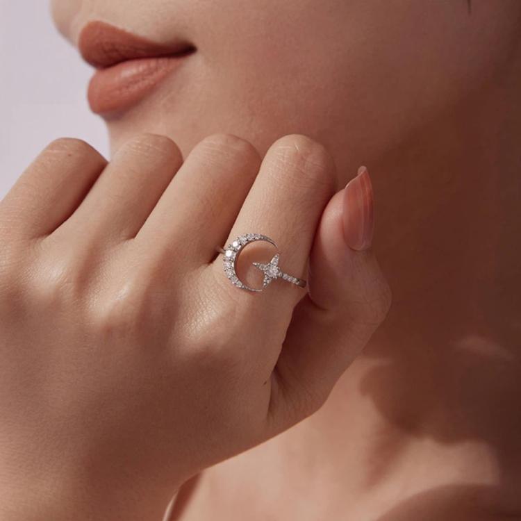 S925 Sterling Silver Adjustable Opening Ring with Moissanite and Star Pattern