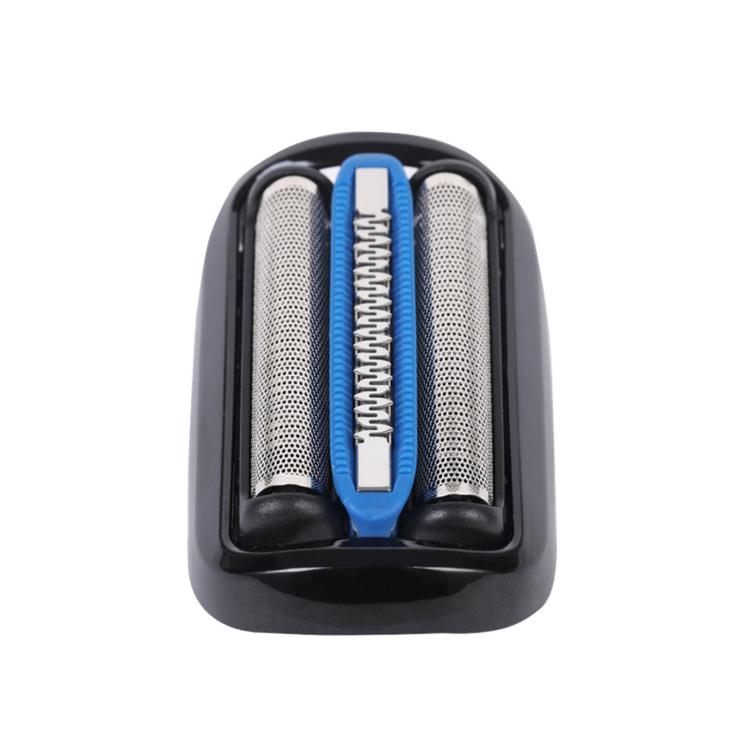 Braun 65B replacement shaver head, front view with blue center blade and two foil screens