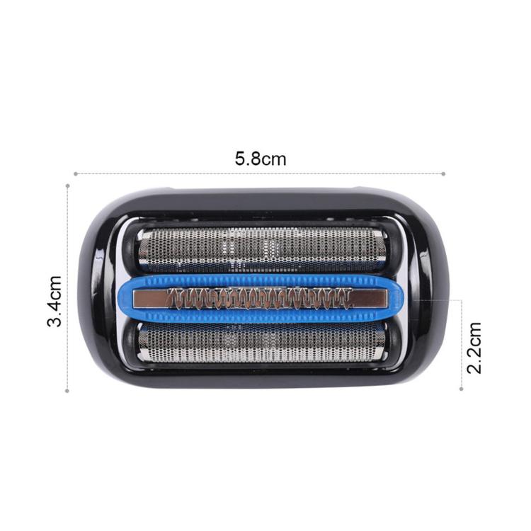 Braun 65B replacement shaver head with two cylindrical foil sections and blue stripe frame