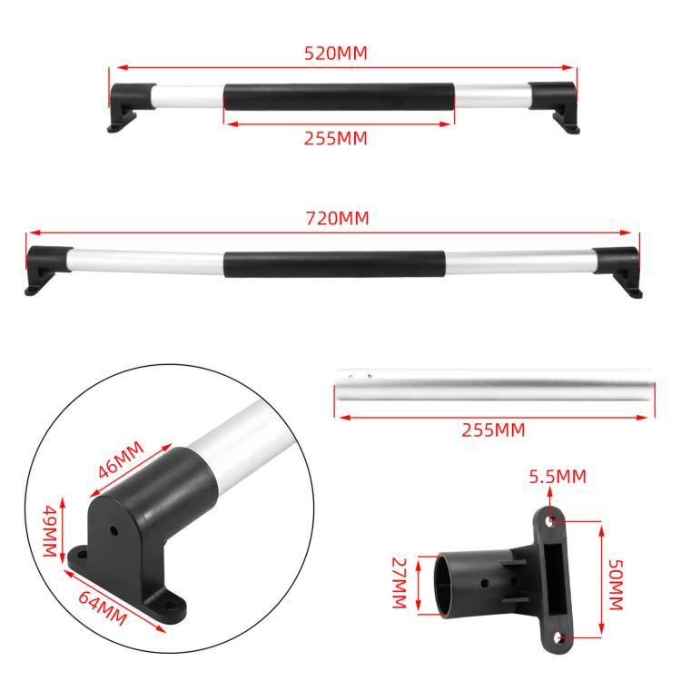 Car screen door telescopic rod sizing diagram with black end brackets and mounting screws