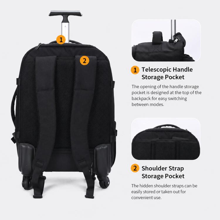 AOKING black rolling backpack with telescopic handle storage pocket and shoulder strap storage