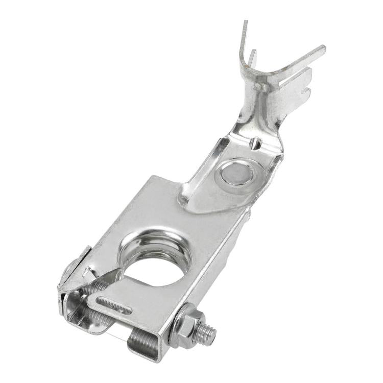 Positive battery terminal clamp, silver metal with threaded posts