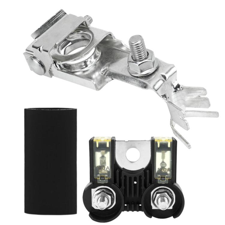 Positive battery terminal with bipolar fuse, silver metal and black fuse holder
