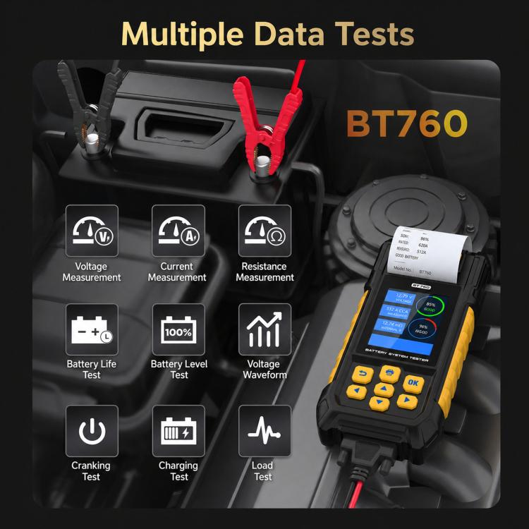 AUTOOL BT760 battery tester with color test menu icons and numeric readouts