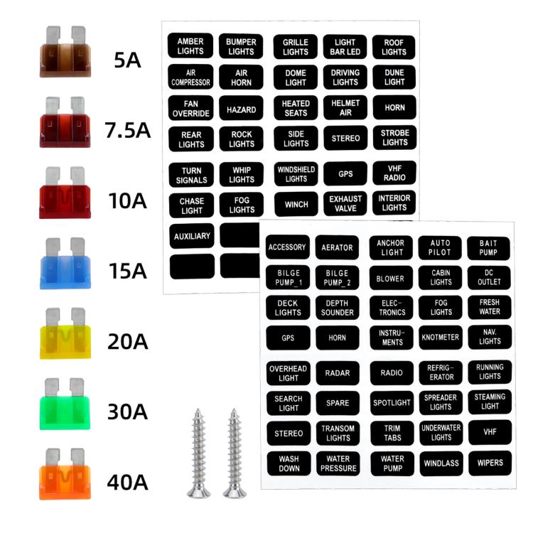 Assorted mini blade fuses with amperage labels, screws, and accessory chart cards