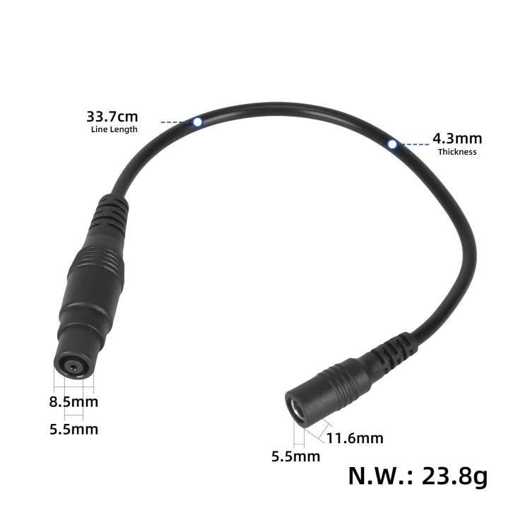 Black DC adapter cable, 33.7cm length, 5.5mm to 8mm barrel plug ends