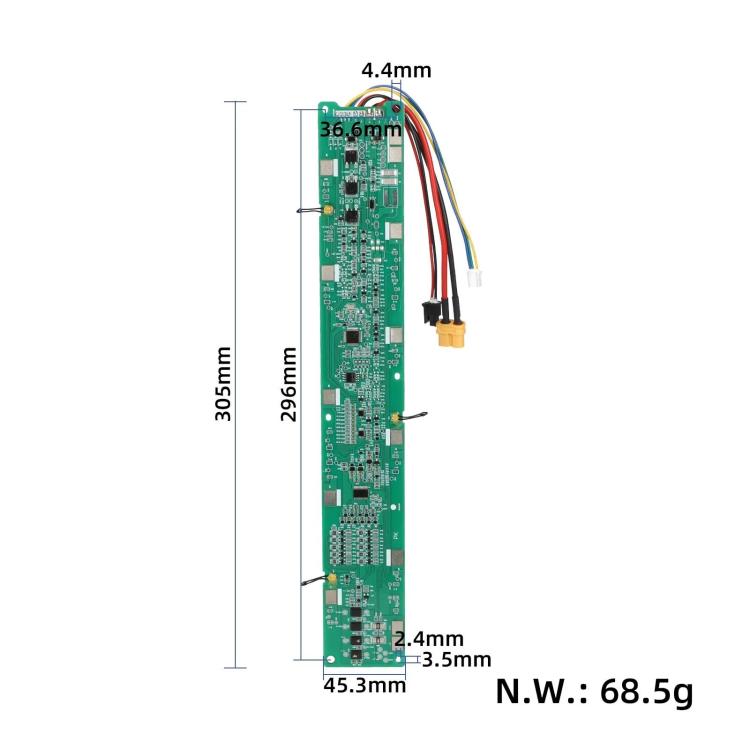 Battery protection PCB board with labeled dimensions and wire connector leads