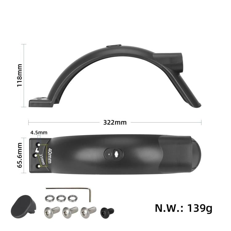 Black rear fender kit with dimensions, screws, and mounting hardware