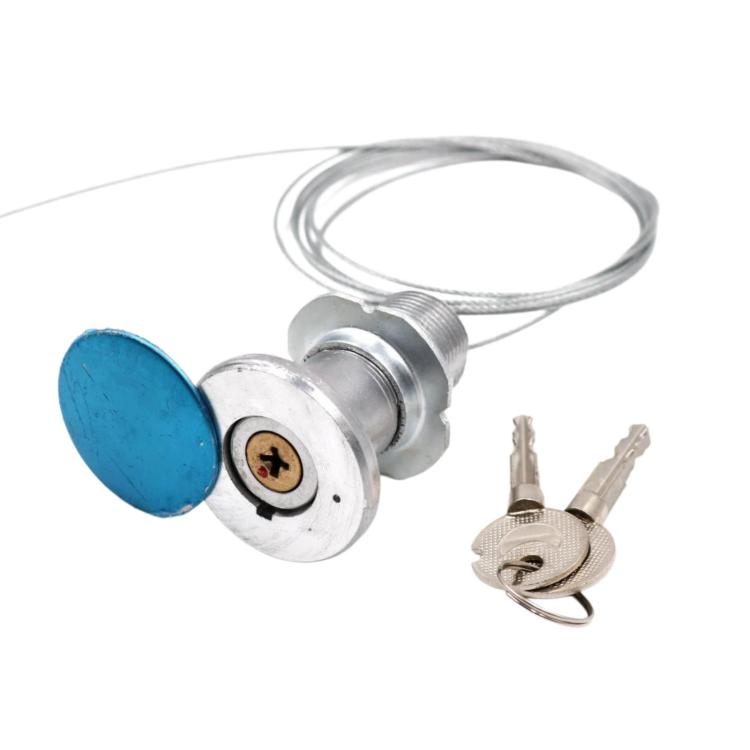 Garage emergency lock with blue cap, cable loop, and two keys