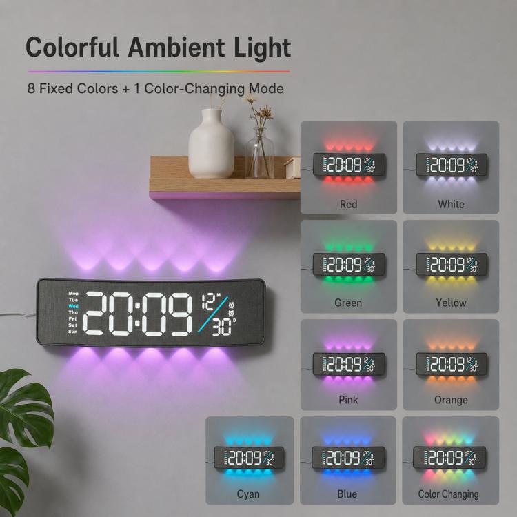 Curved Digital LED Wall Clock With RGB Ambient Backlight / Dual Alarms / Countdown Timer