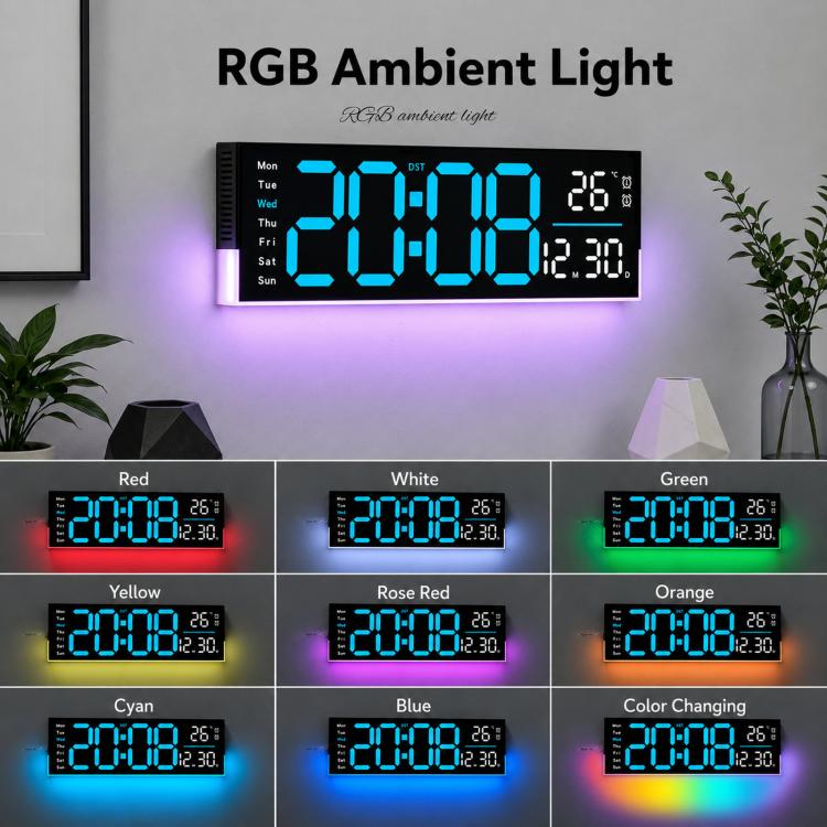 12.6 Inch LED Desk Clock Large Digital Wall Clock With RGB Ambient Light Temp / Date / Week / DST / Timer