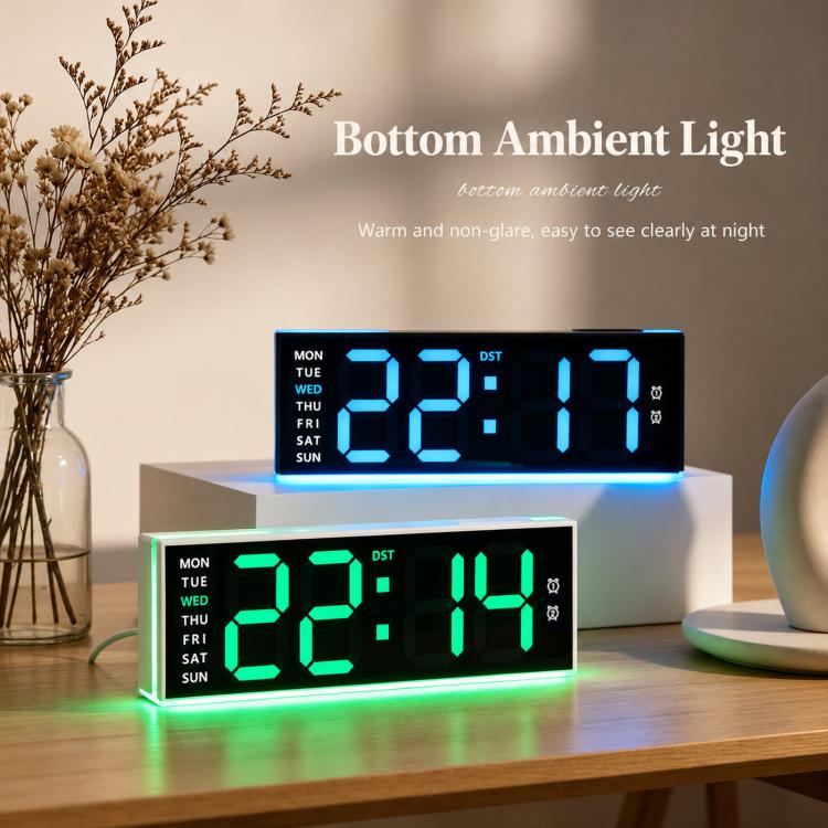 Digital Alarm Clock with Bottom Ambient Night Light with Dual Alarms, USB Output & Adjustable Volume