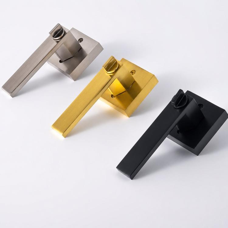Square door lever lock set in brushed nickel, gold, and black finishes