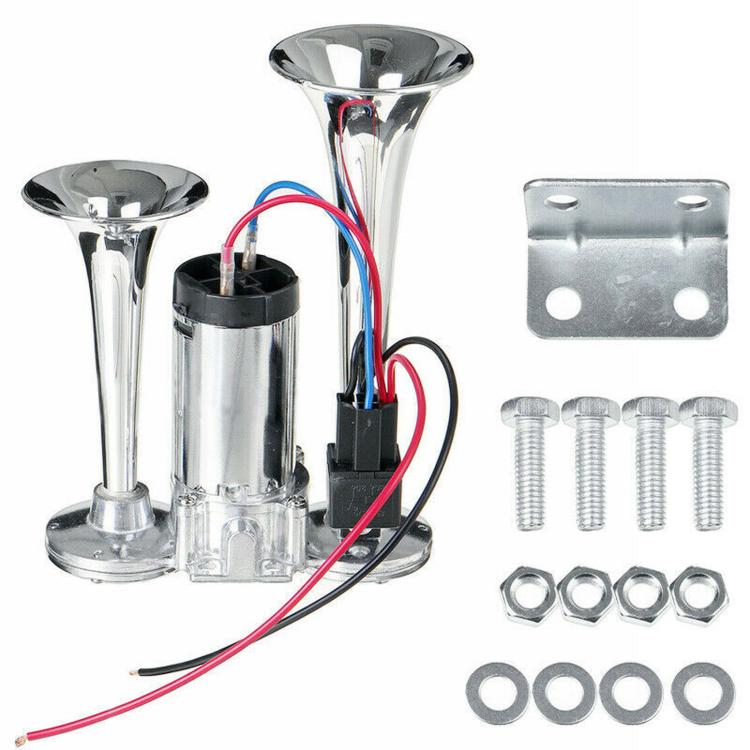 Double-tube electric car horn set with relay, silver metal trumpets and wiring harness