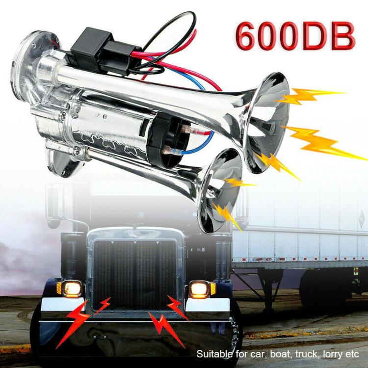 Chrome dual electric car horn with relay, angled view with wiring and horn mouths