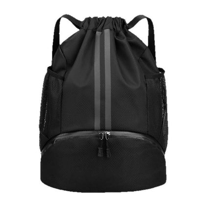 Black drawstring sports backpack with front zipper and separate lower shoe compartment