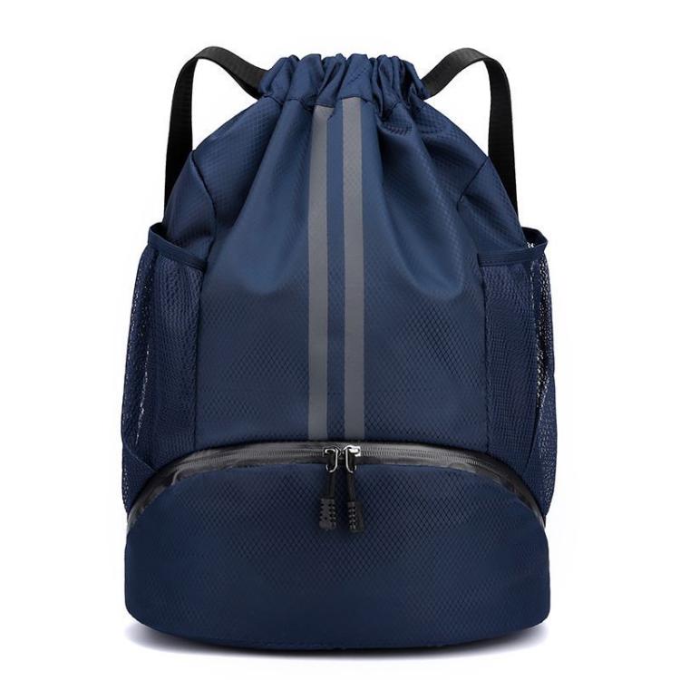 Navy blue drawstring sports backpack with front zipper and separate lower shoe compartment