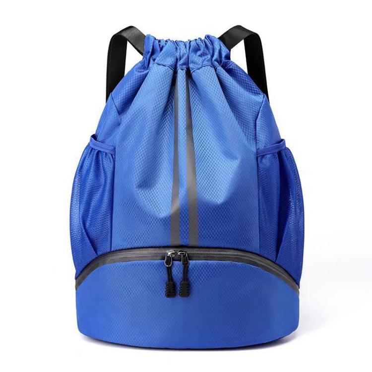 Blue drawstring sports backpack with front zipper and separate lower shoe compartment
