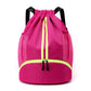Pink drawstring sports backpack with neon yellow stripe and separate lower shoe compartment