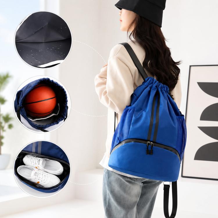 Blue drawstring sports backpack with separate shoe compartment, worn by a person