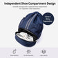 Blue drawstring sports backpack with open shoe compartment and front zipper