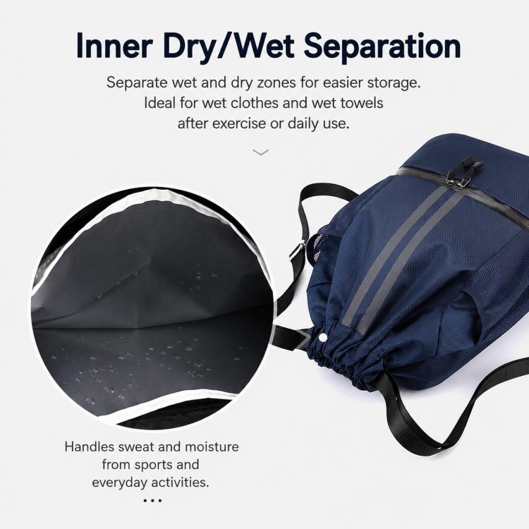 Blue drawstring sports backpack with inner dry/wet separation panel, side view