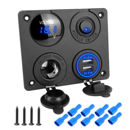 Black car panel dual USB charger with blue voltmeter and rocker switch, cigarette-lighter ports