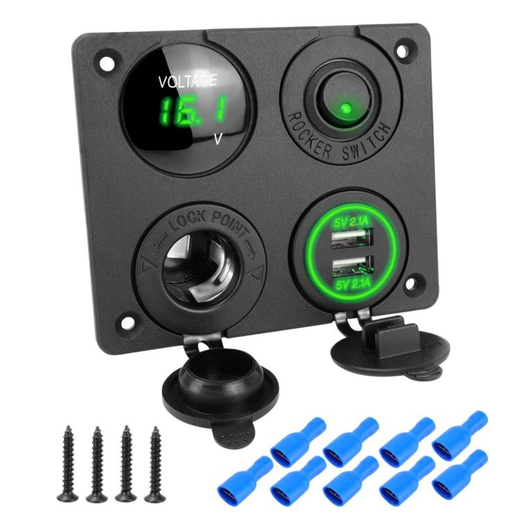 Black car panel dual USB charger with green voltmeter and rocker switch, cigarette-lighter ports