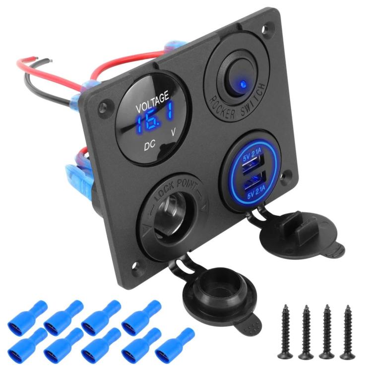 Black car panel dual USB charger with blue voltmeter, rocker switch, and red/blue wiring