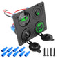 Black car panel dual USB charger with green voltmeter, rocker switch, and red/blue wiring