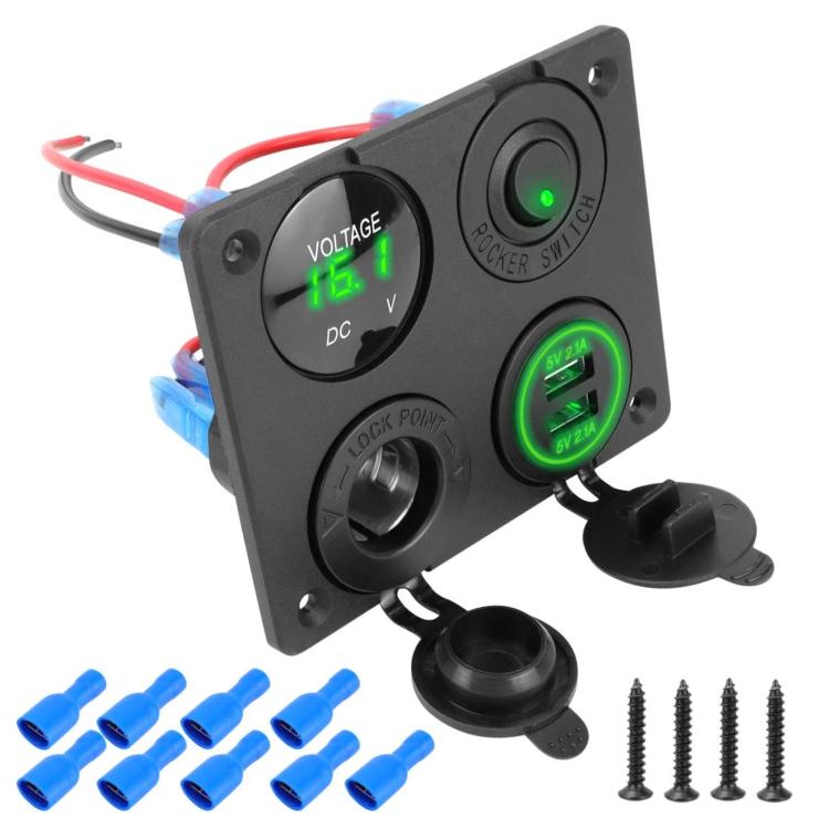 Black car panel dual USB charger with green voltmeter, rocker switch, and red/blue wiring