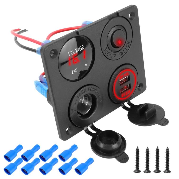 Black car panel dual USB charger with red voltmeter, rocker switch, and red/blue wiring