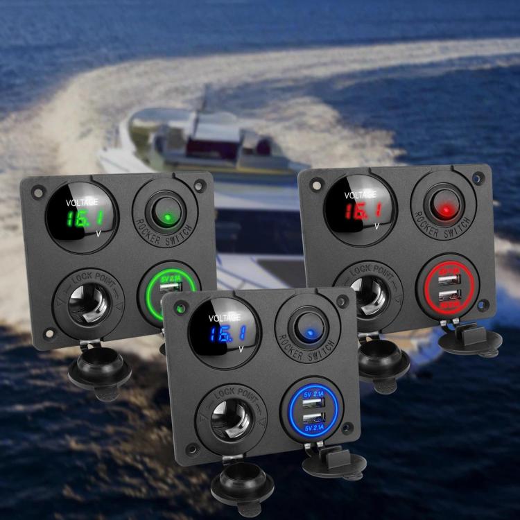 Three black car USB charger panels with blue, green, and red indicator lights and voltmeters