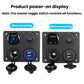 Dual USB car panel with voltmeter showing 16.8V and blue illuminated rocker switch