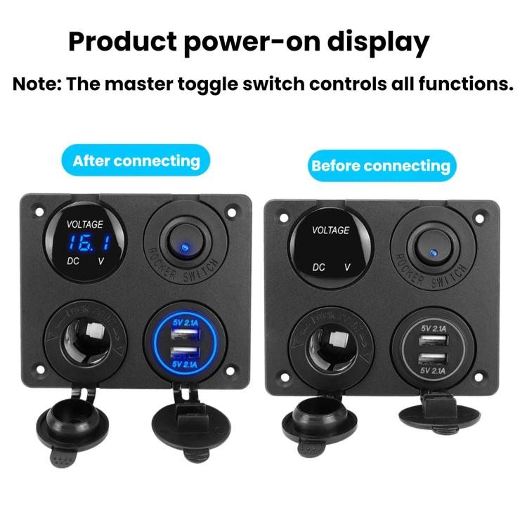 Dual USB car panel with voltmeter showing 16.8V and blue illuminated rocker switch