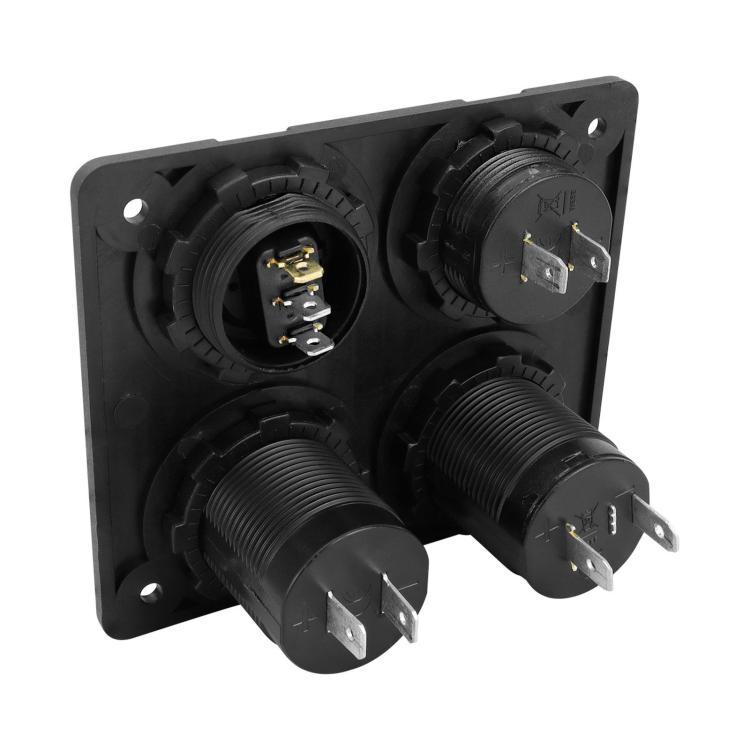 Black 4-hole car panel switch with dual USB and voltmeter module sockets
